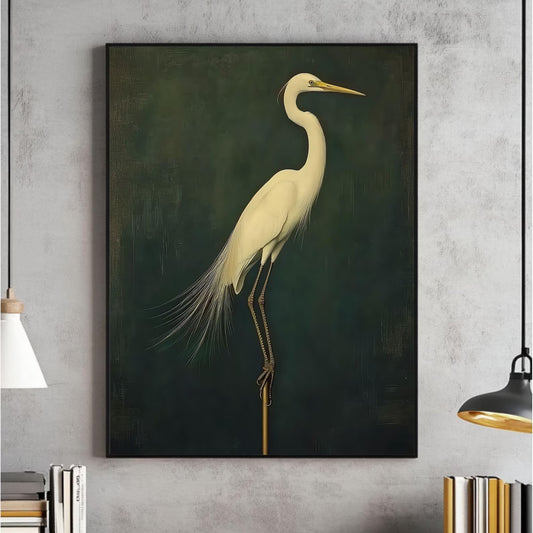 Vintage Bird Prints, Crane, Japanese Crane Painting, Antique Japanese Wall Art, Maximalist, Japandi Wall Decor, Green Instant Download